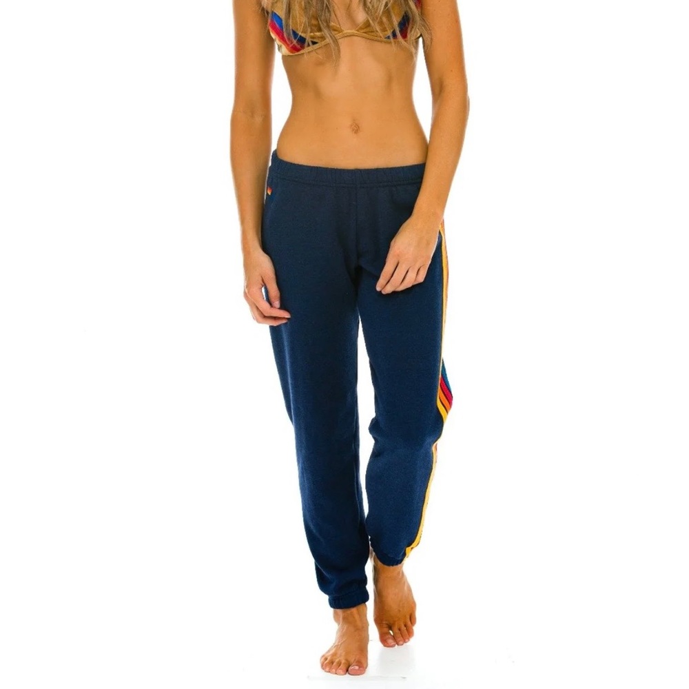 Aviator nation 5 Stripe Stitch Work Sweatpants Navy Blue  Size Medium